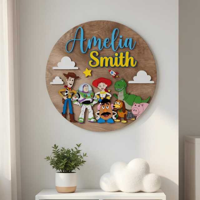 Personalized Toy Story Nursery Name Sign, Custom Baby Room Decor, 3D Wood Pixar Wall Art, Woody Buzz Lightyear Plaque Gift For Kids - image 1