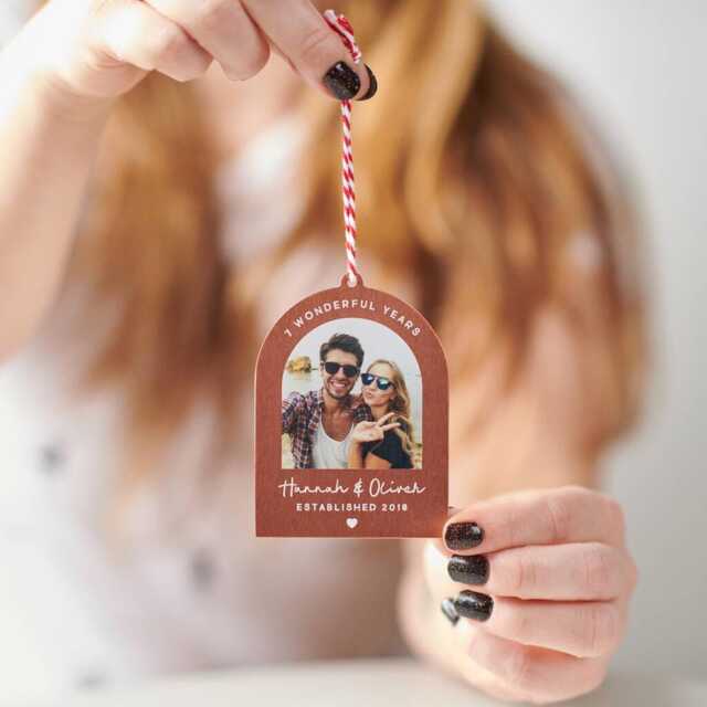 Personalised Seven Year Anniversary Copper Photo Christmas Decoration, Couples Keepsake, Bauble, Gift For Wife & Husband - image 1
