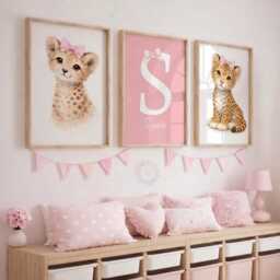 Girls Nursery Print Set - Personalised Pink Bow Safari Animal Wall Art, Girl Bedroom Decor, Leopard Cheetah - thumbnail 1