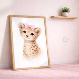 Girls Nursery Print Set - Personalised Pink Bow Safari Animal Wall Art, Girl Bedroom Decor, Leopard Cheetah - thumbnail 3