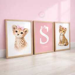 Girls Nursery Print Set - Personalised Pink Bow Safari Animal Wall Art, Girl Bedroom Decor, Leopard Cheetah - thumbnail 2