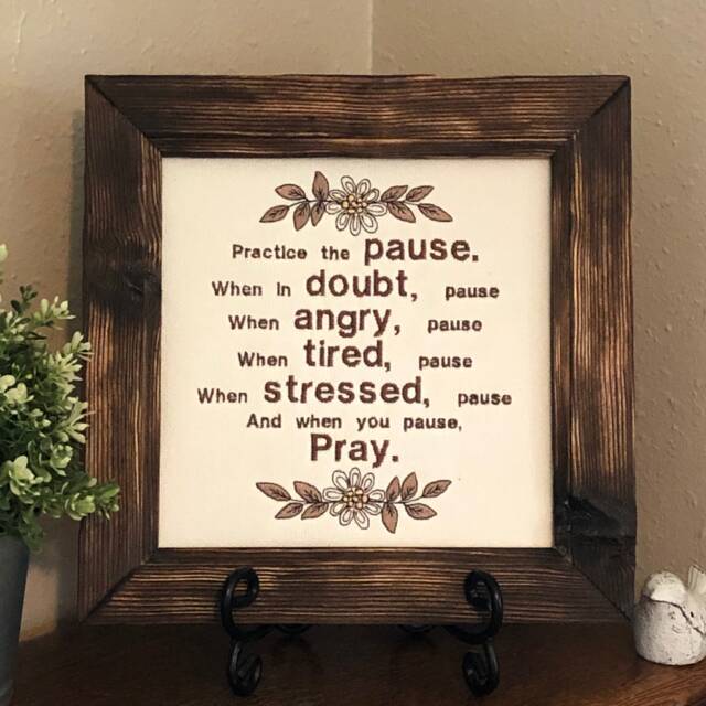 Prayer Wall Quote, Embroidered On Screen, Handmade Art, Charred Pinewood Frame, Pause To Pray, Cream Brown, Rustic, Unique Gift, Decoration - image 1
