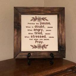 Prayer Wall Quote, Embroidered On Screen, Handmade Art, Charred Pinewood Frame, Pause To Pray, Cream Brown, Rustic, Unique Gift, Decoration - thumbnail 3