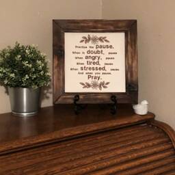 Prayer Wall Quote, Embroidered On Screen, Handmade Art, Charred Pinewood Frame, Pause To Pray, Cream Brown, Rustic, Unique Gift, Decoration - thumbnail 2