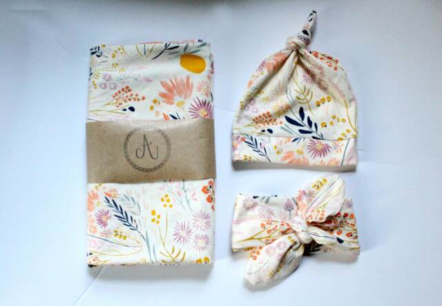 Floral Swaddle Set, Cream, Mustard, Navy, Blanket, Fall Headband & Hat Nursing Cover, Baby Girl - image 1