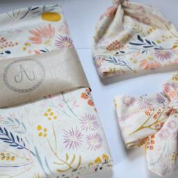 Floral Swaddle Set, Cream, Mustard, Navy, Blanket, Fall Headband & Hat Nursing Cover, Baby Girl - thumbnail 2