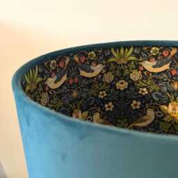 Teal Velvet Drum Lampshade/ Ceiling Shade William Morris Strawberry Thief Blue Interior - thumbnail 3