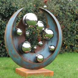 Corten Steel Garden Sculpture With Polished Spheres - Large Modern Outdoor Art - Contemporary Rusted Metal For Luxury Gardens - thumbnail 2