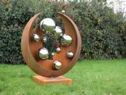 Corten Steel Garden Sculpture With Polished Spheres - Large Modern Outdoor Art - Contemporary Rusted Metal For Luxury Gardens - thumbnail 1