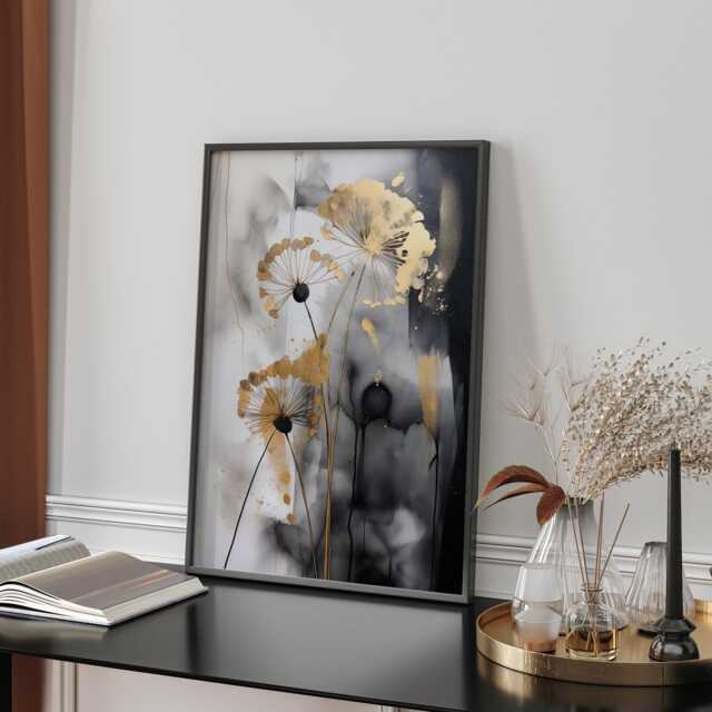 Black & Gold Dandelion Wall Art - Abstract Floral Print Elegant Nature Decor For Bedroom Or Living Room - image 1