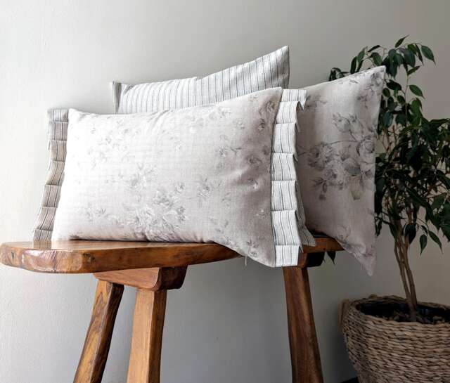 French Country Cushion Cover Linen Blend Roses, Striped Ruffle Pillow - image 1