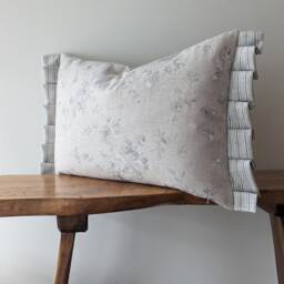 French Country Cushion Cover Linen Blend Roses, Striped Ruffle Pillow - thumbnail 3