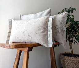 French Country Cushion Cover Linen Blend Roses, Striped Ruffle Pillow - thumbnail 1