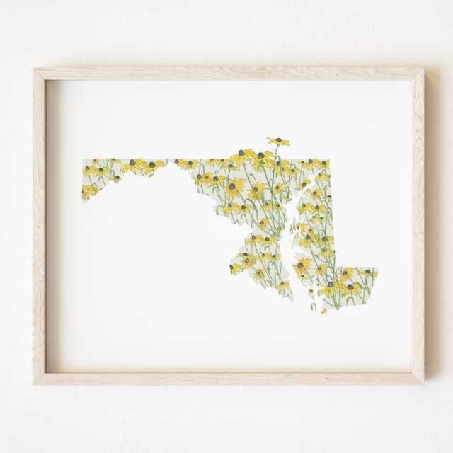 Maryland State Flower Map Watercolor Black Eyed Susan - Art Print Wall Graduation Wedding Realtor Moving Gift Midatlantic Floral - image 1