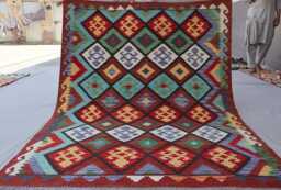 5x7 Maroon Rug Geometric Design Kilim Rug, Boho Afghan Handmade Wool Flatweave Natural Veg Dyes Oriental Area Living Room - thumbnail 1