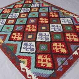 5x7 Maroon Rug Geometric Design Kilim Rug, Boho Afghan Handmade Wool Flatweave Natural Veg Dyes Oriental Area Living Room - thumbnail 2
