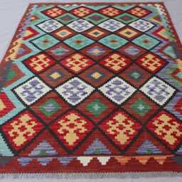 5x7 Maroon Rug Geometric Design Kilim Rug, Boho Afghan Handmade Wool Flatweave Natural Veg Dyes Oriental Area Living Room - thumbnail 3