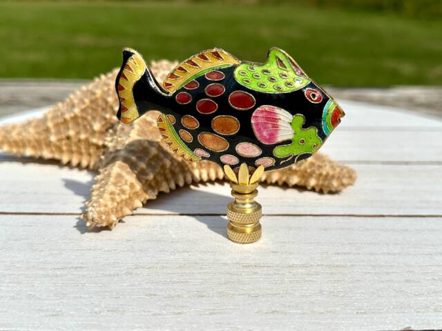 Fish Lamp Finial On Brass Or Chrome Hardware - A Single Spotted Cloisonne Saltwater Topper in Black - image 1