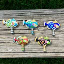 Fish Lamp Finial On Brass Or Chrome Hardware - A Single Spotted Cloisonne Saltwater Topper in Black - thumbnail 4