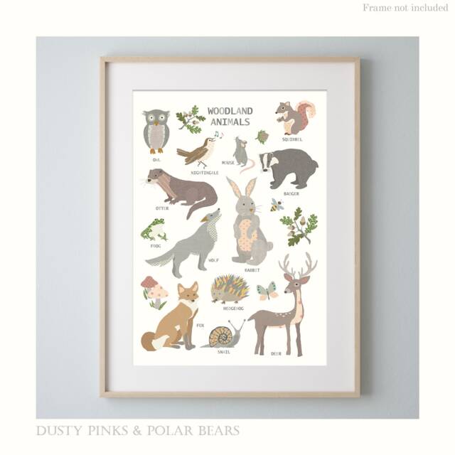 Woodland Animals Print - Theme Bedroom Rabbit- Owl Fox Animal Poster Children's Prints Wall Art Liberty - image 1