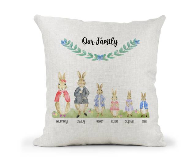 Personalised Peter Rabbit Family Cushion, Watercolour, Mummy, Daddy , Children, New Home Gift, Baby Add Up To 6 Names - image 1