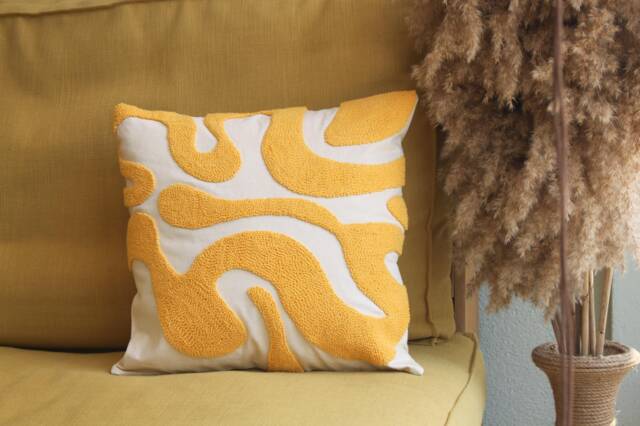 Yellow Punch Needle Pillow Cover Groovy Abstract Wavy Cushion, Cozy Boho Throw - image 1