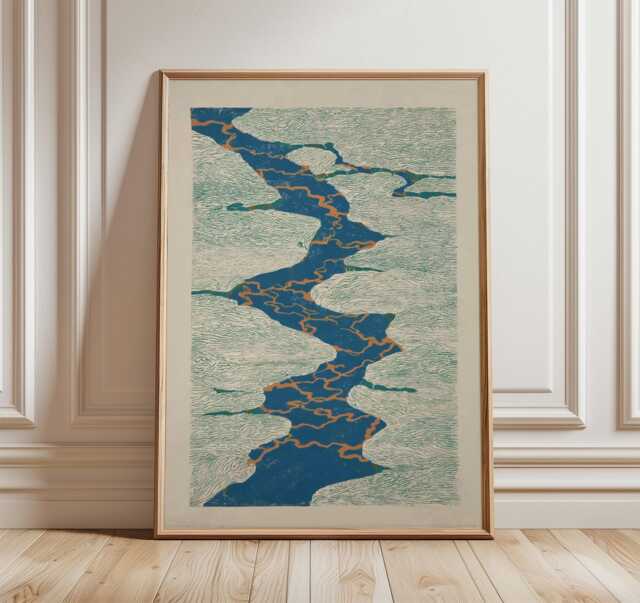 Japanese River Wall Art Blue Green, Minimal Abstract Landscape Print - image 1