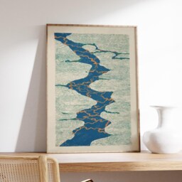 Japanese River Wall Art Blue Green, Minimal Abstract Landscape Print - thumbnail 2