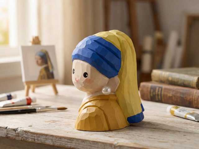 Handmade Wooden Girl With A Pearl Earring Figurine, Dutch Painting Inspired Wood Sculpture, Art Decor - image 1