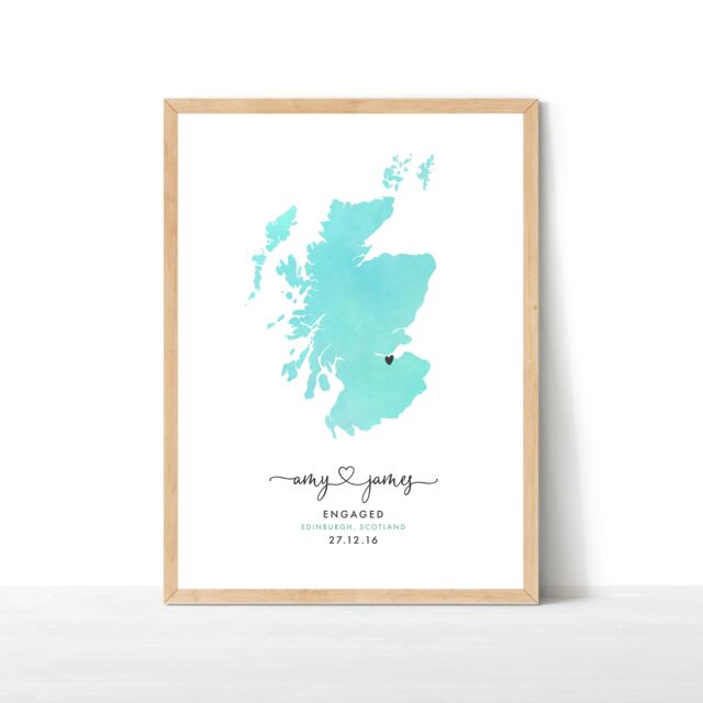 Engagement Map Print, Watercolour Wedding Map, Personalised Gift, Destination Travel Scotland Print - image 1