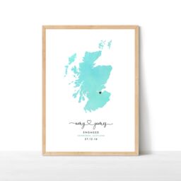 Engagement Map Print, Watercolour Wedding Map, Personalised Gift, Destination Travel Scotland Print - thumbnail 1