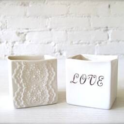 Handmade Porcelain Translucent Candle Holders, Ceramic Lace & Love Romantic Pair Of Tea Light Votives, Pottery Tealight Holder - thumbnail 2