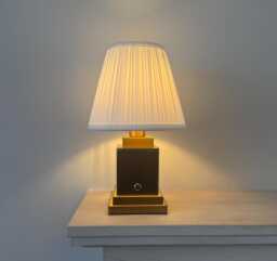 Rechargeable Brushed Gold Table Lamp, Cordless Bedside Light With White Pleated Shade, Three Brightness Settings, Dimmable - thumbnail 1