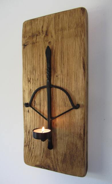 Reclaimed Plank Wood Wrought Iron Crossbow Wall Sconce Candle Holder - image 1