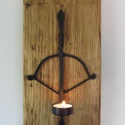 Reclaimed Plank Wood Wrought Iron Crossbow Wall Sconce Candle Holder - thumbnail 2