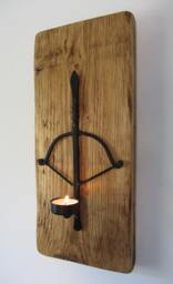 Reclaimed Plank Wood Wrought Iron Crossbow Wall Sconce Candle Holder - thumbnail 1