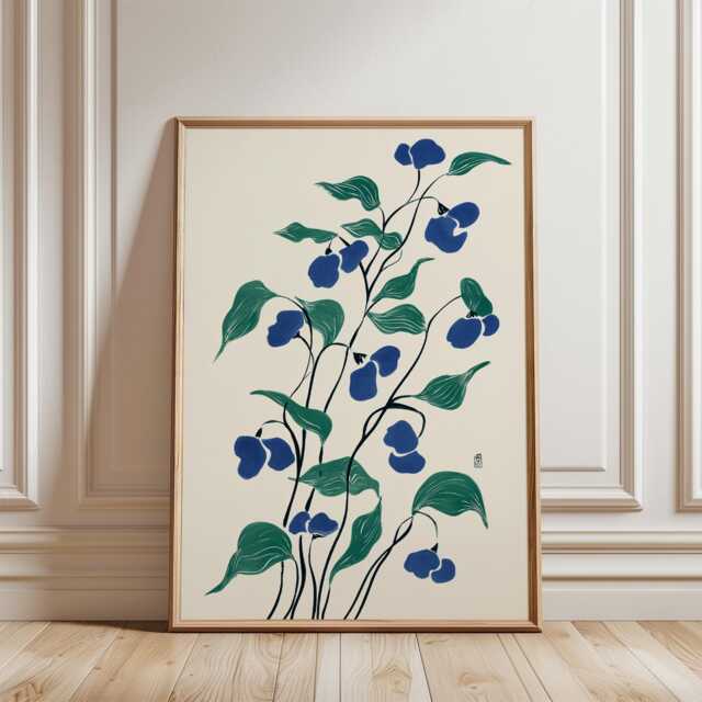 Blue Green Floral Poster - Minimal Botanical Illustration Vertical Plant Wall Art - image 1