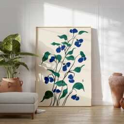 Blue Green Floral Poster - Minimal Botanical Illustration Vertical Plant Wall Art - thumbnail 3