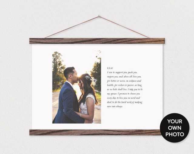 Custom Wedding Photo & Vows On Canvas With Wood Poster Hanger Pix - Gift - Gift For Her - Anniversary Home Decor Art - image 1