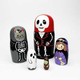 Cute Halloween Nesting Dolls, Witch Ghost & Skeleton Cat Boo Basket Gift, Hand Painted Wooden Keepsake For Kids - thumbnail 4