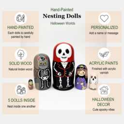 Cute Halloween Nesting Dolls, Witch Ghost & Skeleton Cat Boo Basket Gift, Hand Painted Wooden Keepsake For Kids - thumbnail 2