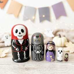 Cute Halloween Nesting Dolls, Witch Ghost & Skeleton Cat Boo Basket Gift, Hand Painted Wooden Keepsake For Kids - thumbnail 1