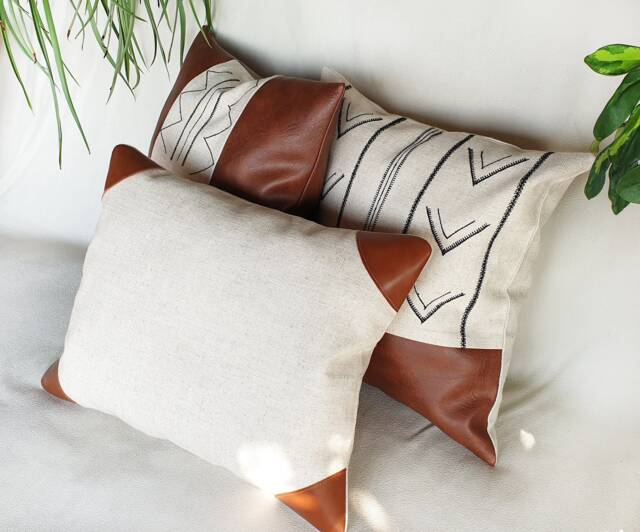 Linen Pillow Cover With Cognac Faux Leather Corner Details/Scandinavian Homes-1Qty - image 1