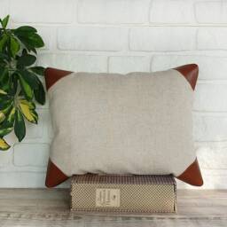 Linen Pillow Cover With Cognac Faux Leather Corner Details/Scandinavian Homes-1Qty - thumbnail 3