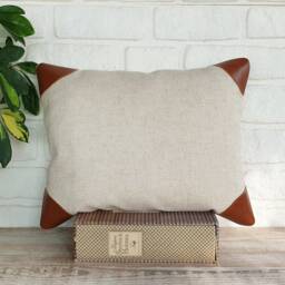 Linen Pillow Cover With Cognac Faux Leather Corner Details/Scandinavian Homes-1Qty - thumbnail 2