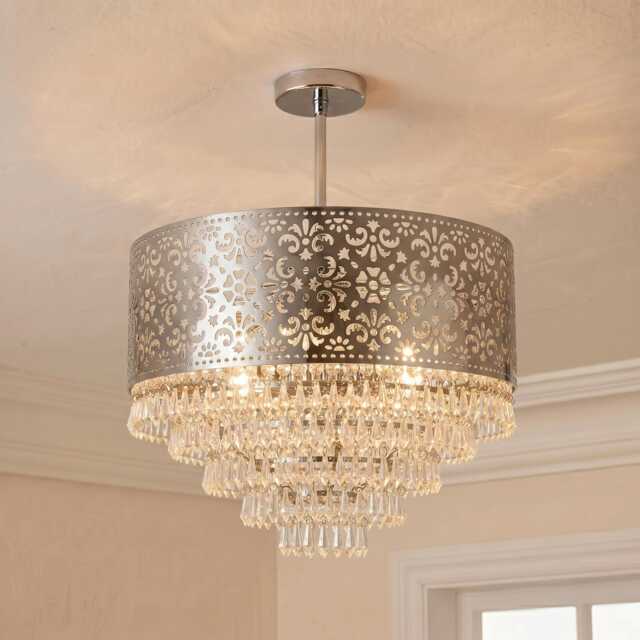 5 Tier Moroccan Chrome Chandelier With Clear Acrylic Beads - Art Deco Pendant Light - image 1