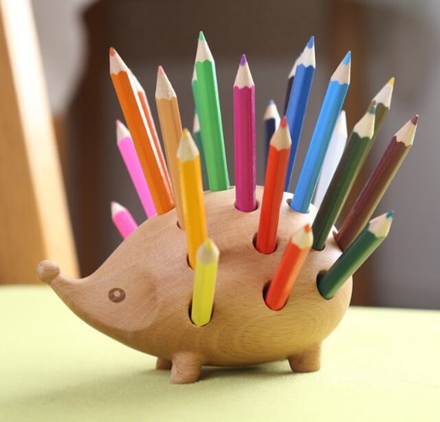 Wood Pencil Case, 24 Hole Pencil Storage Box , Hedgehog Pen Box, Teacher Desktop Storage, Gifts - image 1