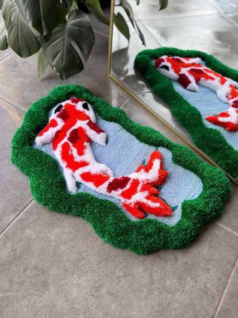 Koi Fish in Greenery 3D Handmade Tufted Rug - Mirror Decor Zen Floor Art Sculptural Botanical Carpet - image 1