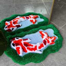 Koi Fish in Greenery 3D Handmade Tufted Rug - Mirror Decor Zen Floor Art Sculptural Botanical Carpet - thumbnail 2
