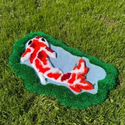 Koi Fish in Greenery 3D Handmade Tufted Rug - Mirror Decor Zen Floor Art Sculptural Botanical Carpet - thumbnail 3